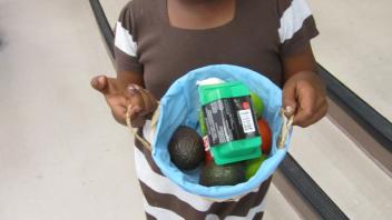 Child holding basket of fruits