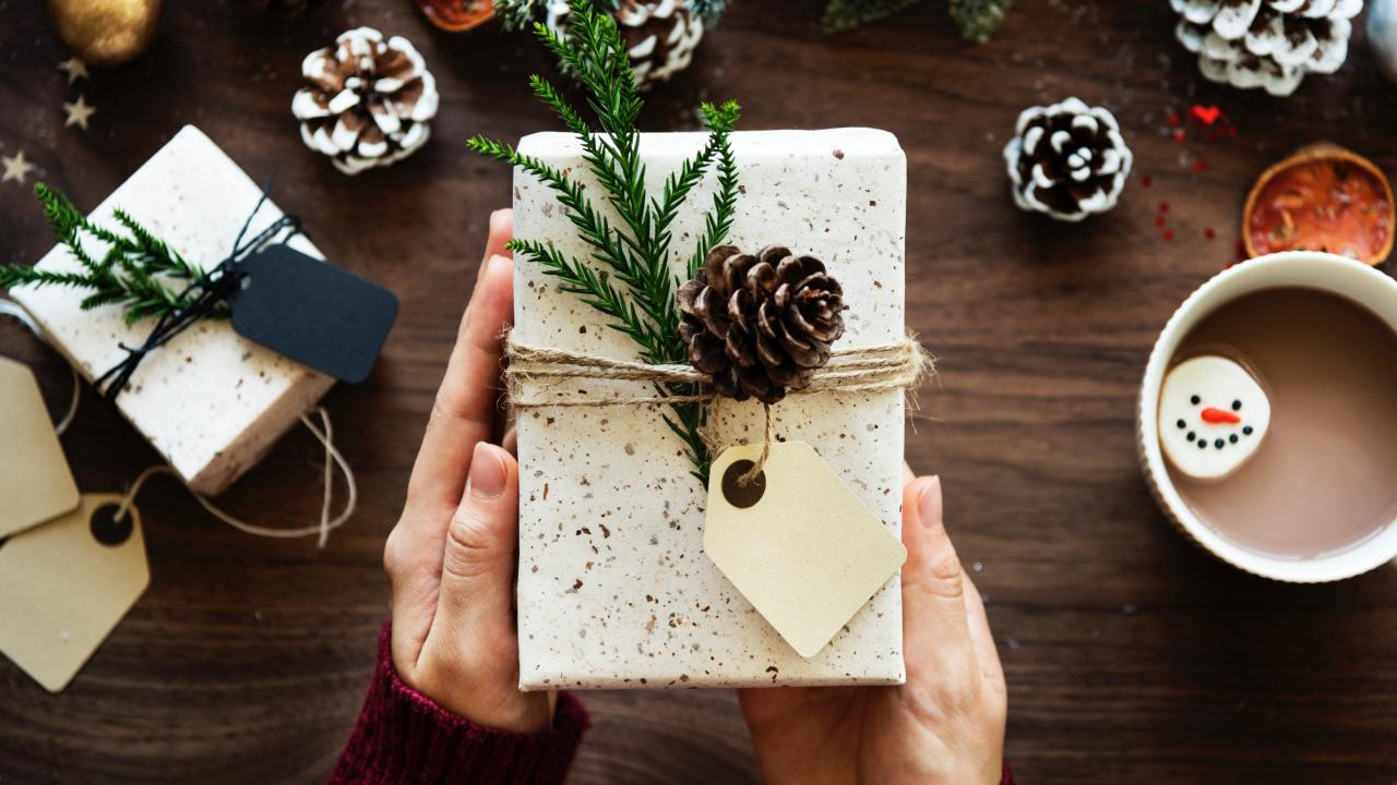 close up of holiday gift and holiday decor