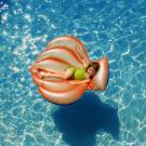 little girl on a pool toy in the water