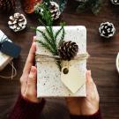 close up of holiday gift and holiday decor
