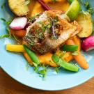 a plate of fish and vegetables